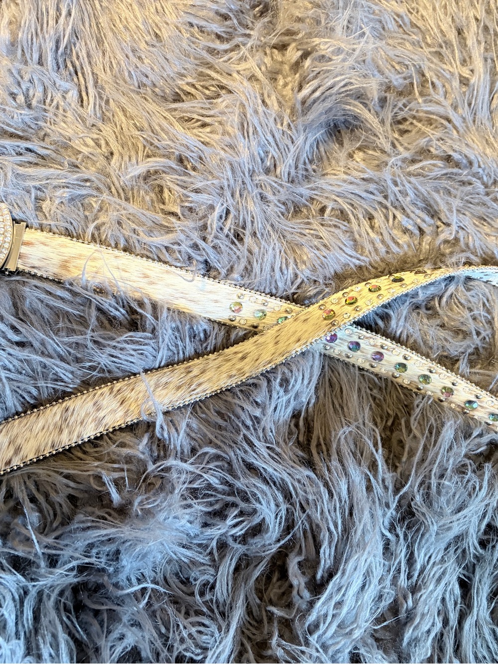 Beige Leather Faux Fur Belt with Multicolor Rhinestones